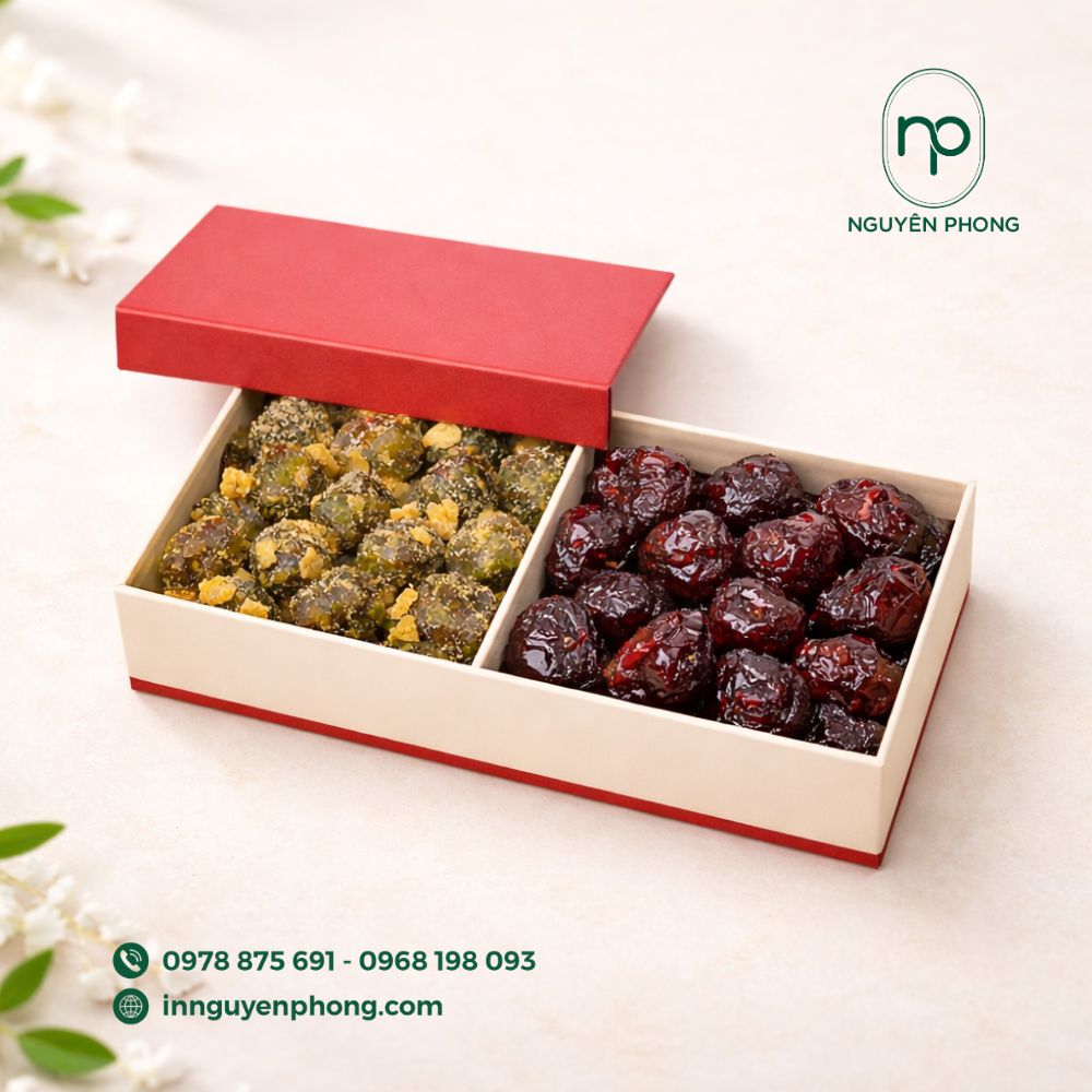 Mẫu hộp giấy đựng ô mai chia 2 ngăn nắp âm dương